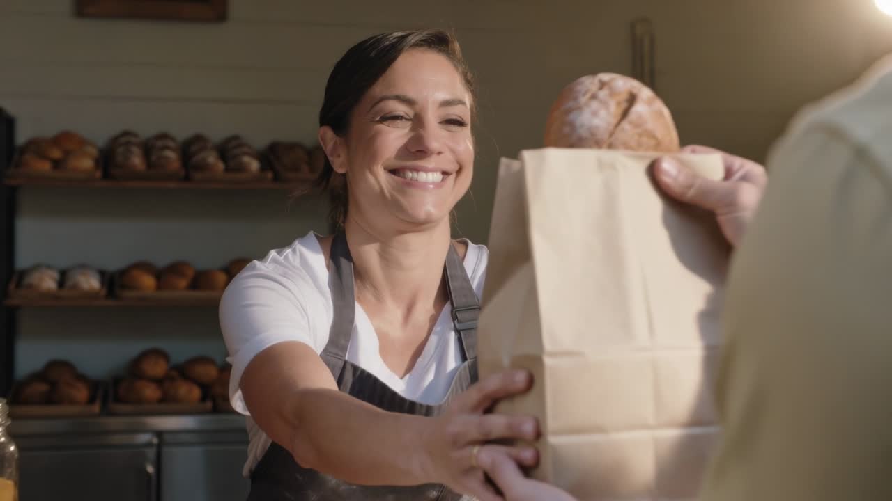 Un cliente si avvicina, il fornaio con un grembiule impolverato consegna un sacchetto di carta in panetteria, mentre il cliente riceve una pagnotta da acquistare.