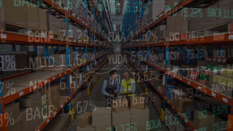 animation of data processing over people working in warehouse