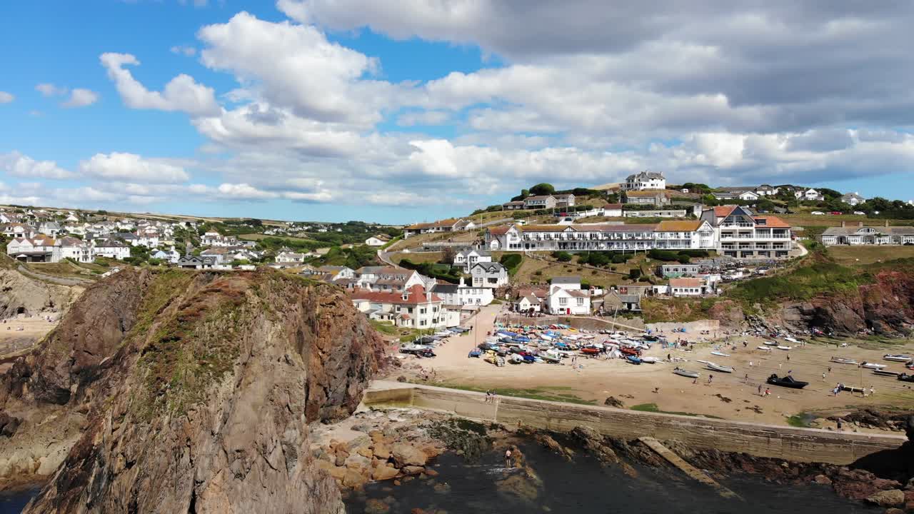 Aerial View Of Sea Stack At Hope Cove Along Devon's Coastline