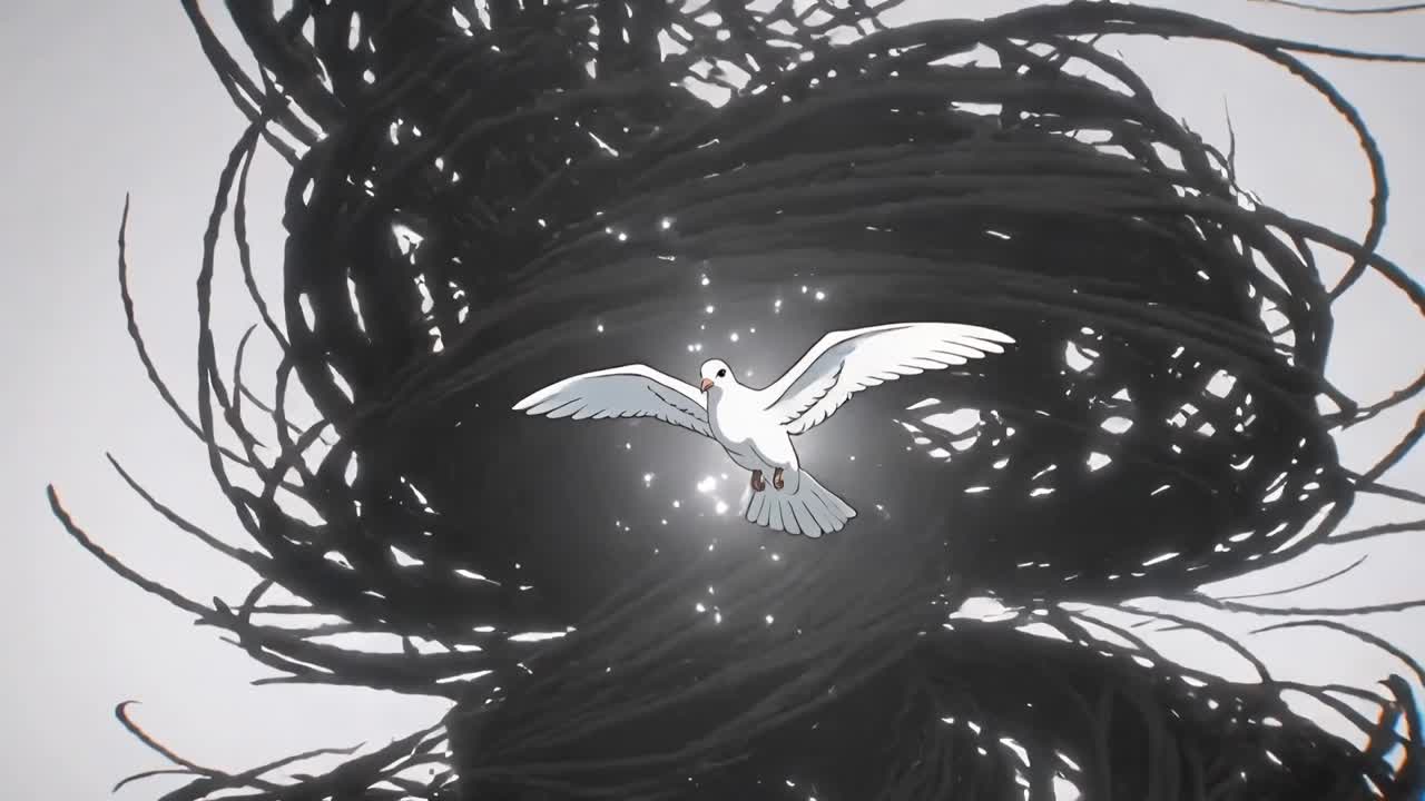 Entering from left, flying white dove circling into central black vortex to reach glowing particles