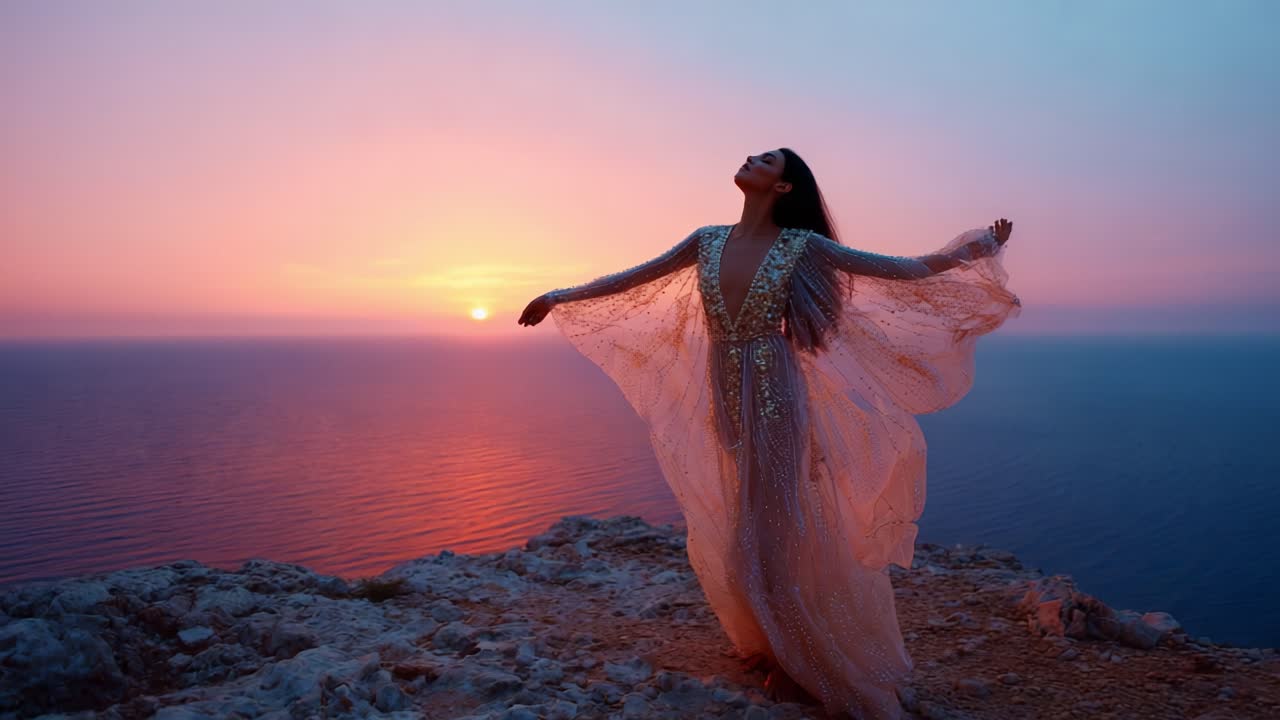 Una donna elegante con un abito fluente posa con grazia sullo sfondo di un tramonto mozzafiato, catturando la bellezza della natura e della moda in una scena costiera incantevole al crepuscolo.