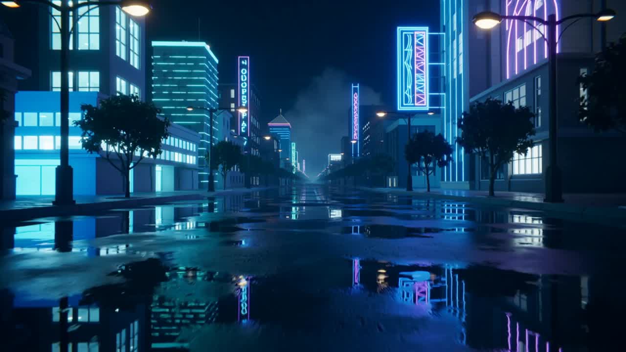 Pushing camera revealing wet neon-reflective central roadway at night, showing puddle reflections