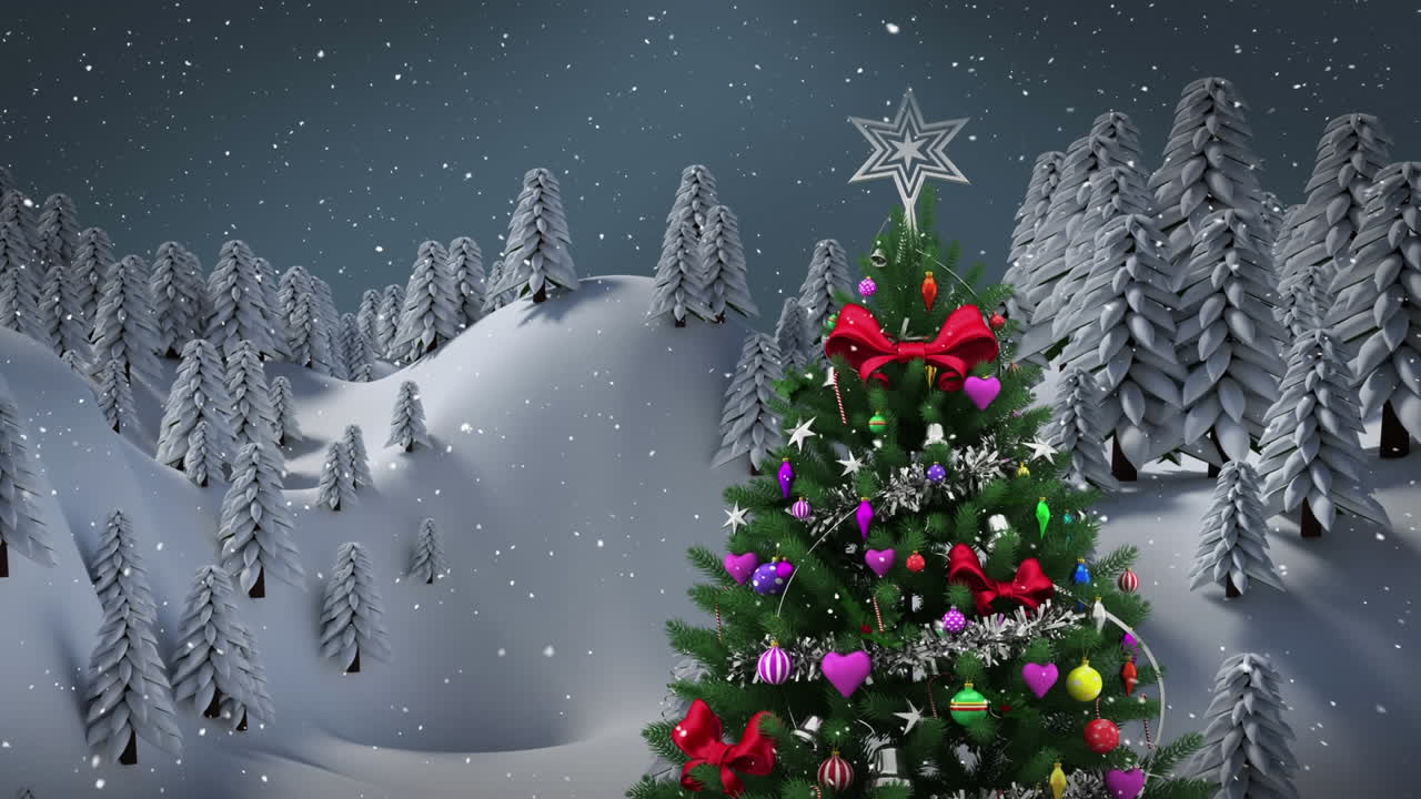 회색 배경 에 겨울 풍경 에 크리스마스 트리 를  ⁇ 고 있는 눈