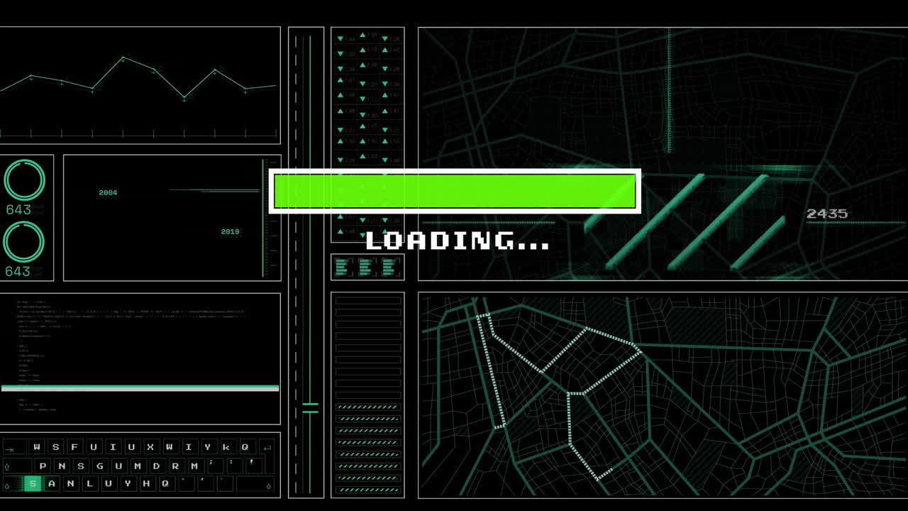 Animation of loading bar data processing over black background