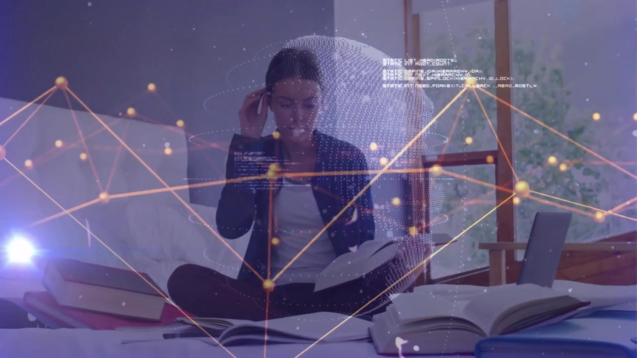 Ung kvinne som studerer med overlegg av digital datavisualisering