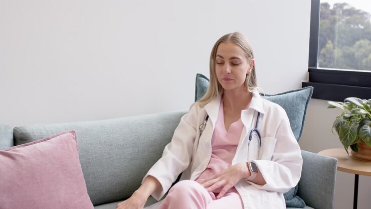 Woman in scrubs with stethoscope holding phone, resting, placing on couch in staff room, copy space