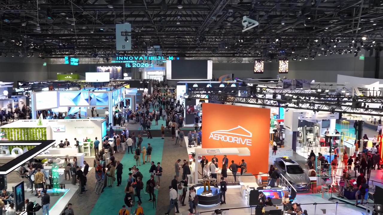 Pavilhão de Feira Lotado com Diversas Exposições de Tecnologia