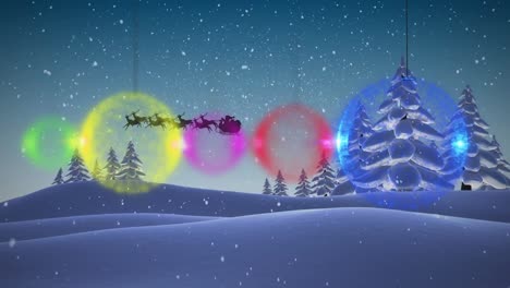 Animation-of-snow-falling,-christmas-tree-decorations,-sledge-and-raindeer-over-winter-landscape