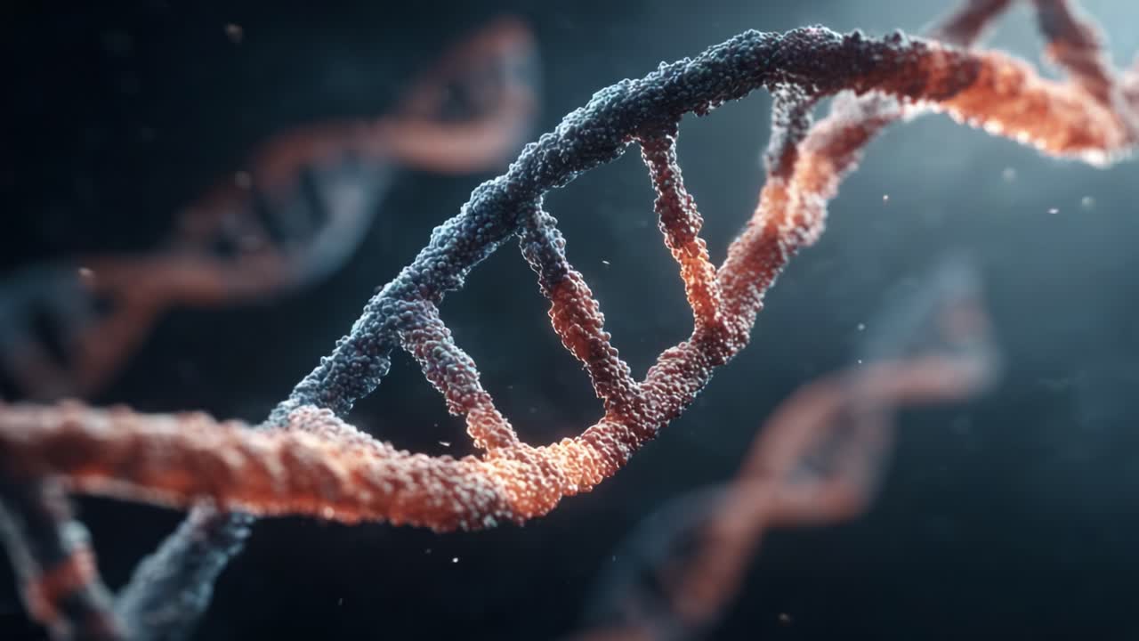 An Intricate Close-Up of DNA Helix Structure Showcasing the Unique Characteristics of Genetic Material in a Detailed, Artistic Representation