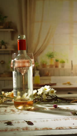 a hand lifts a coupe of rosé spritzer from beside an open wine bottle on a whitewashed wooden table scattered with dried blossoms, bathed in warm sunlight for a relaxed summer vibe.
