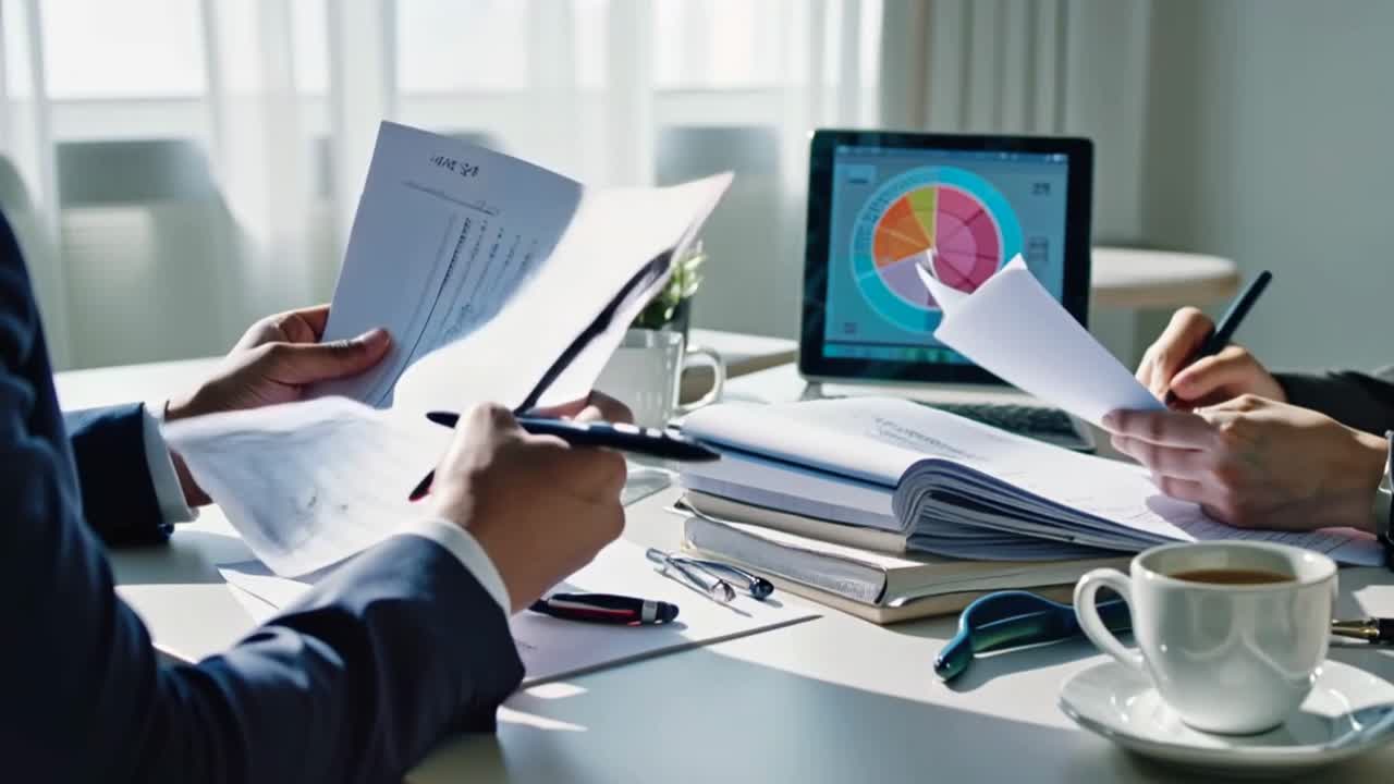Two people are sitting at a table with papers and laptops