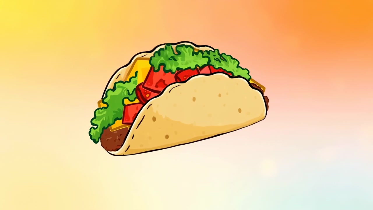 Animazione progressiva nel tempo dalla rivelazione all'assemblaggio finale: un taco entra nell'inquadratura e poi si riempie di carne condita, pomodoro a cubetti, lattuga riccia e formaggio fuso