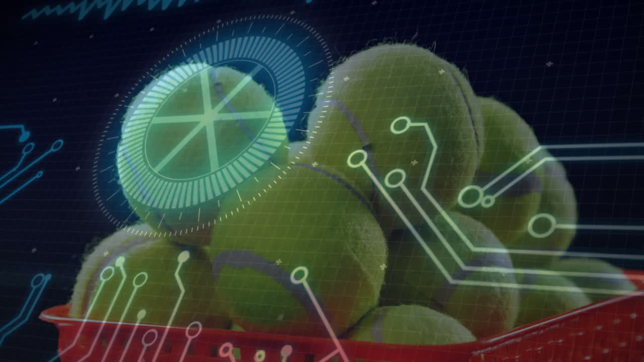 Red basket hovering over circuit grid as neon?yellow tennis balls glowing under holographic overlay