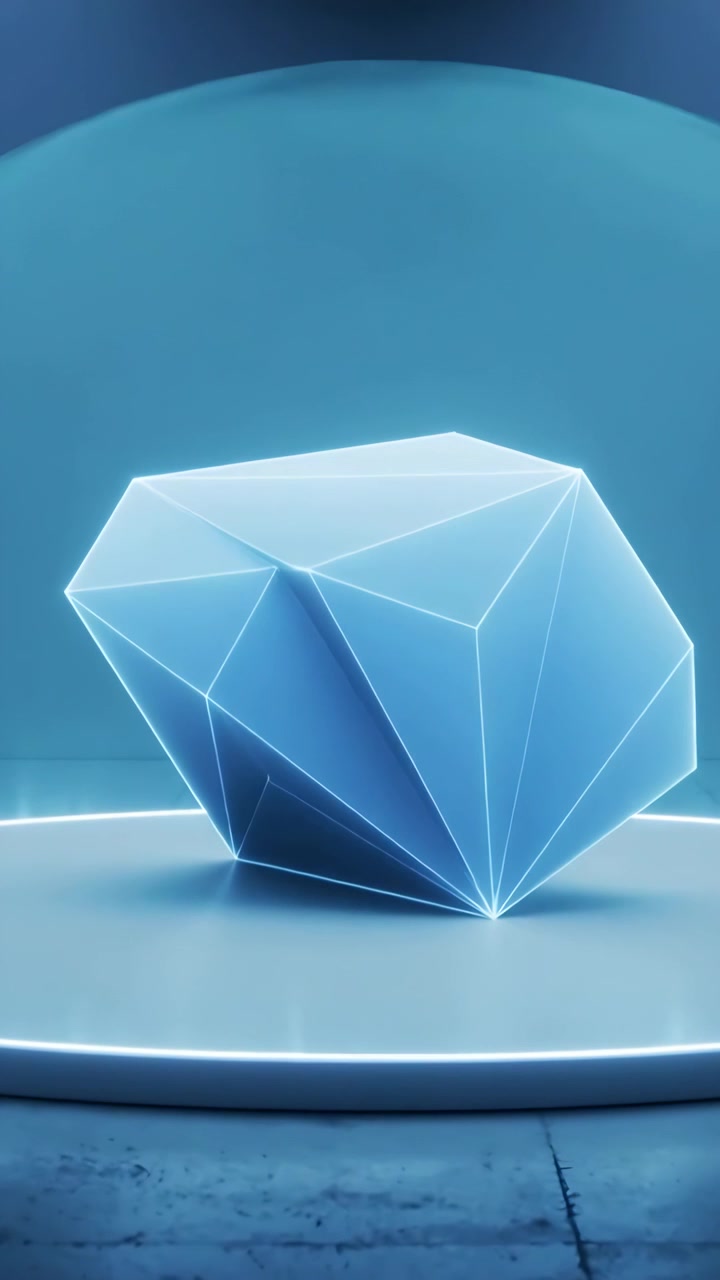 Vertical video: Rotating glowing faceted crystal tilting on lit pedestal in studio, showing facets