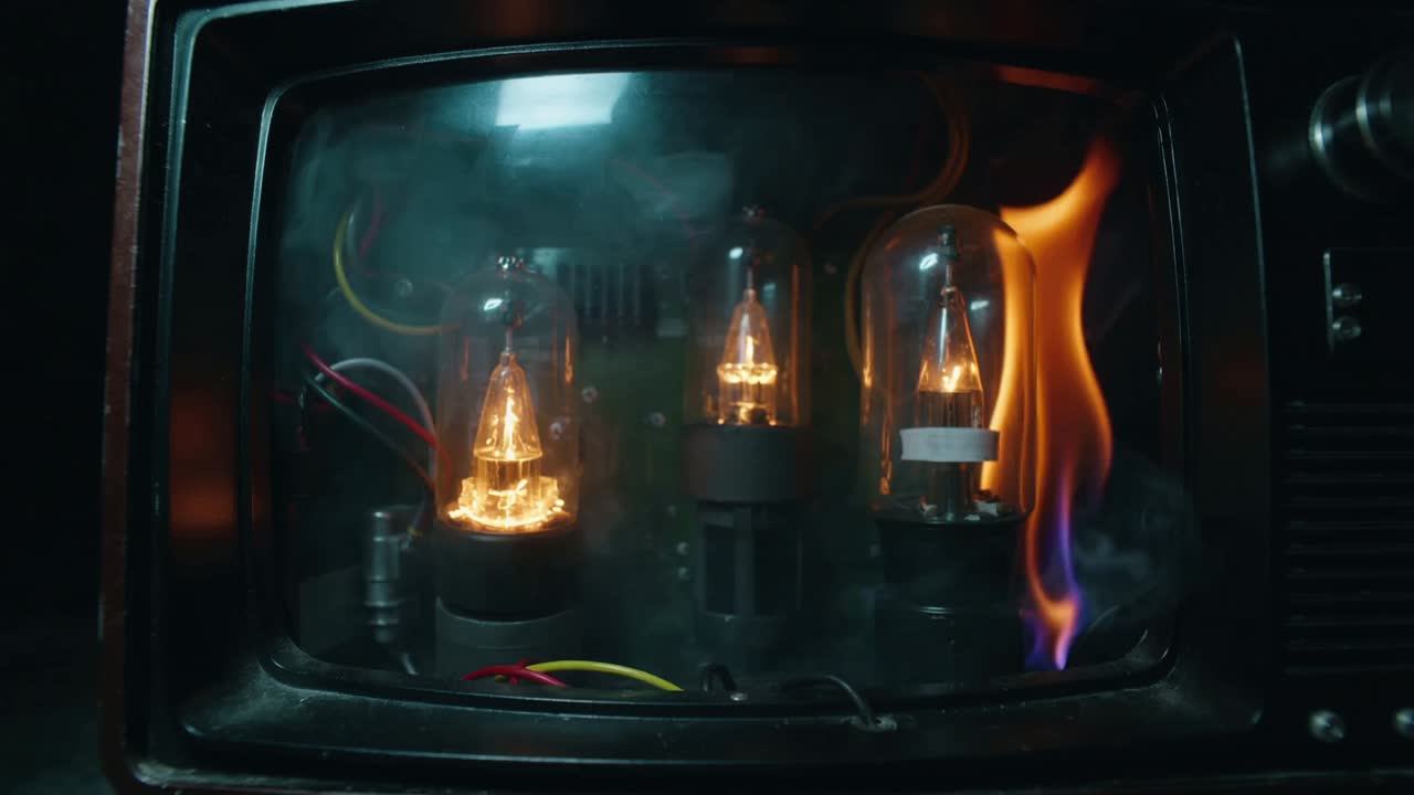 Sparking after small flame, vacuum tubes and circuit board burning inside TV chassis, wires smoking