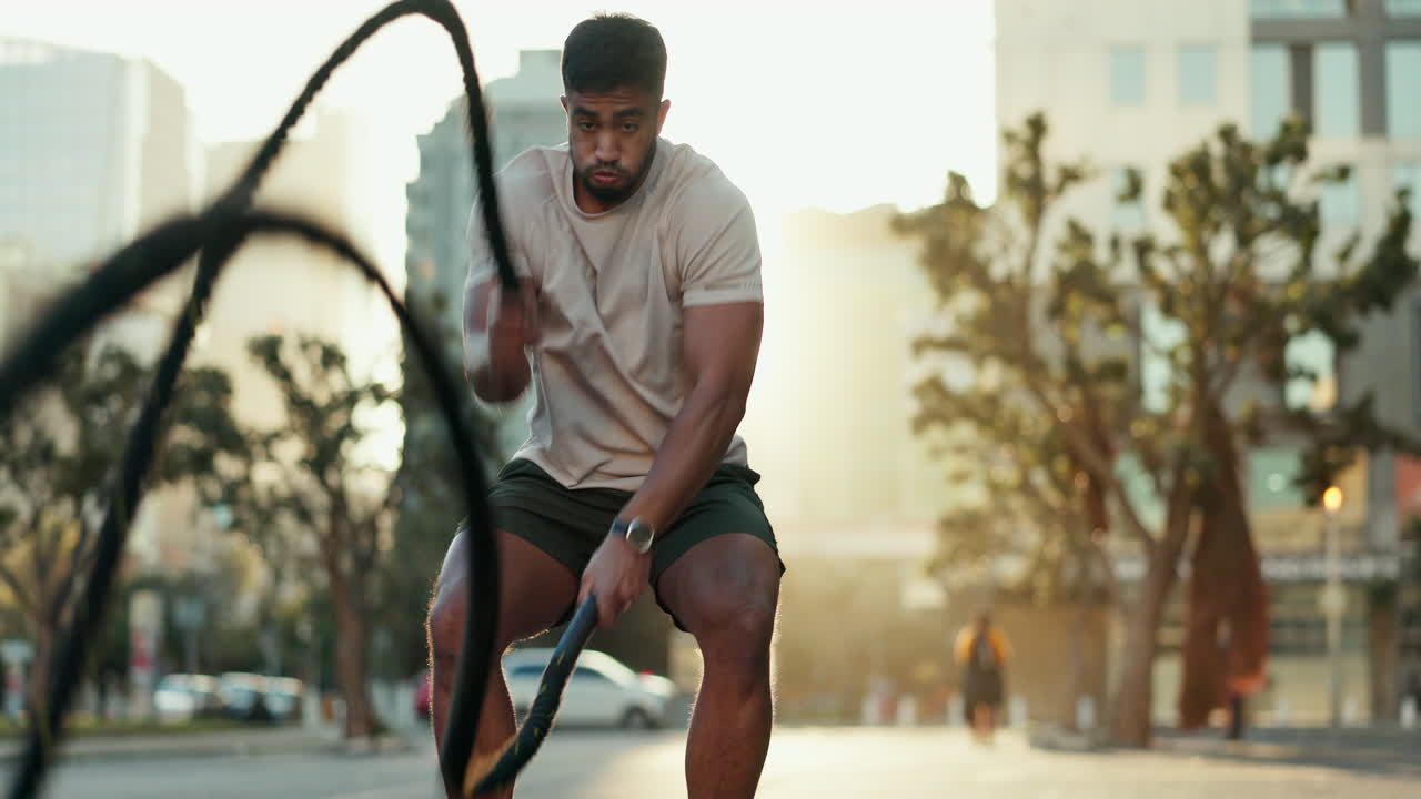 Man, battle rope exercise and outdoor training