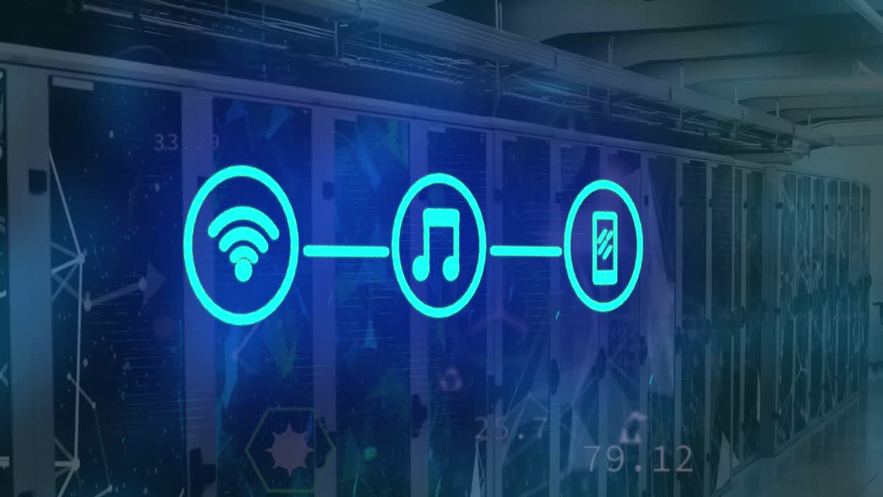 Animation of computer icons and connections over computer servers