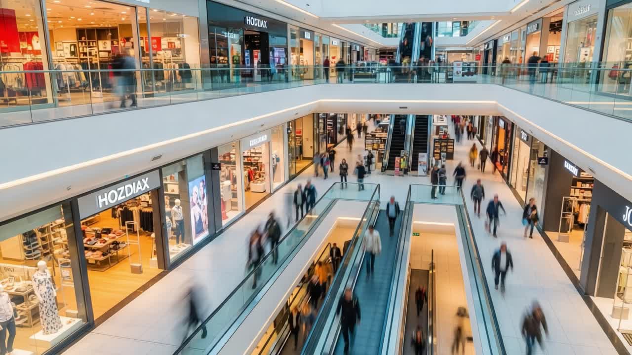 Bustling interior of a modern shopping mall with people moving on escalators and walkways