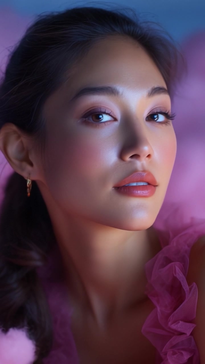 Ritratto accattivante di una modella con illuminazione soffusa e tessuto rosa testurizzato, che enfatizza eleganza e bellezza in un'atmosfera sognante