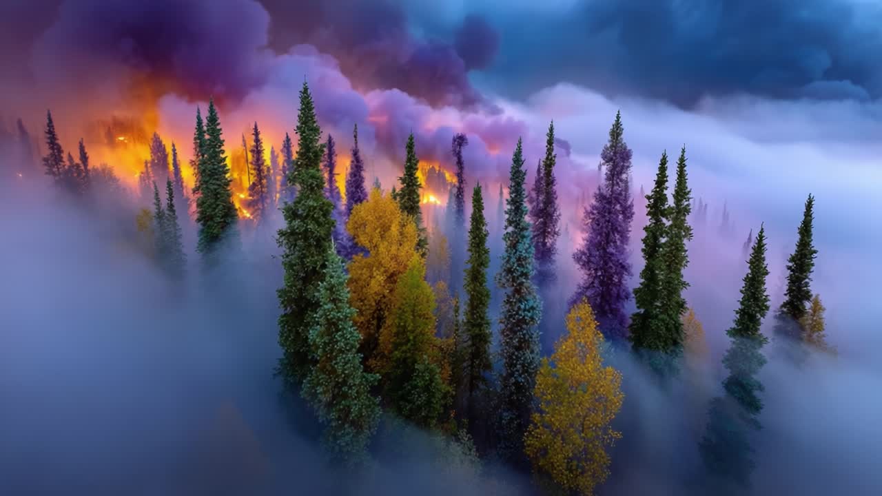 Majestic Forest on Fire: A Breathtaking View of Flames and Smoke Amidst Tall Trees and Misty Fog Creates an Eerie Landscape in Nature's Raw Power