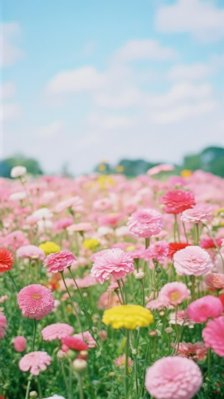 Video con angolazione dal basso di un campo fiorito ricco di colori sotto un cielo azzurro terso, che cattura le colorate fioriture