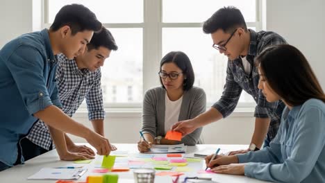 diverse team collaborating and brainstorming with sticky notes
