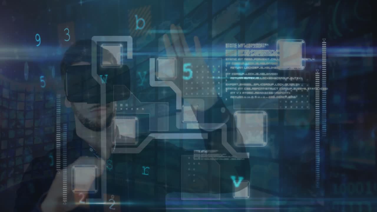 Cyber security data processing against caucasian man wearing vr headset touching an invisible screen