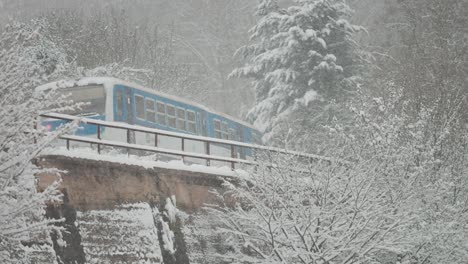 a train glides over a bridge, traveling through a winter landscape with snow-covered trees all around