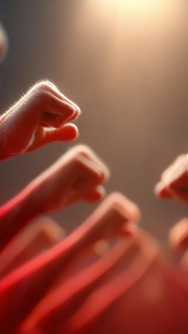 Unified strength and solidarity depicted through raised fists against a dramatic background, symbolizing determination, protest, and collective action in a powerful visual
