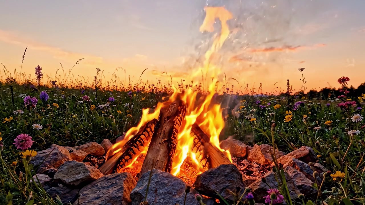Affascinante bagliore di un falò in un vibrante prato fiorito al crepuscolo, creando un'atmosfera calda e invitante per incontri serali nella natura.