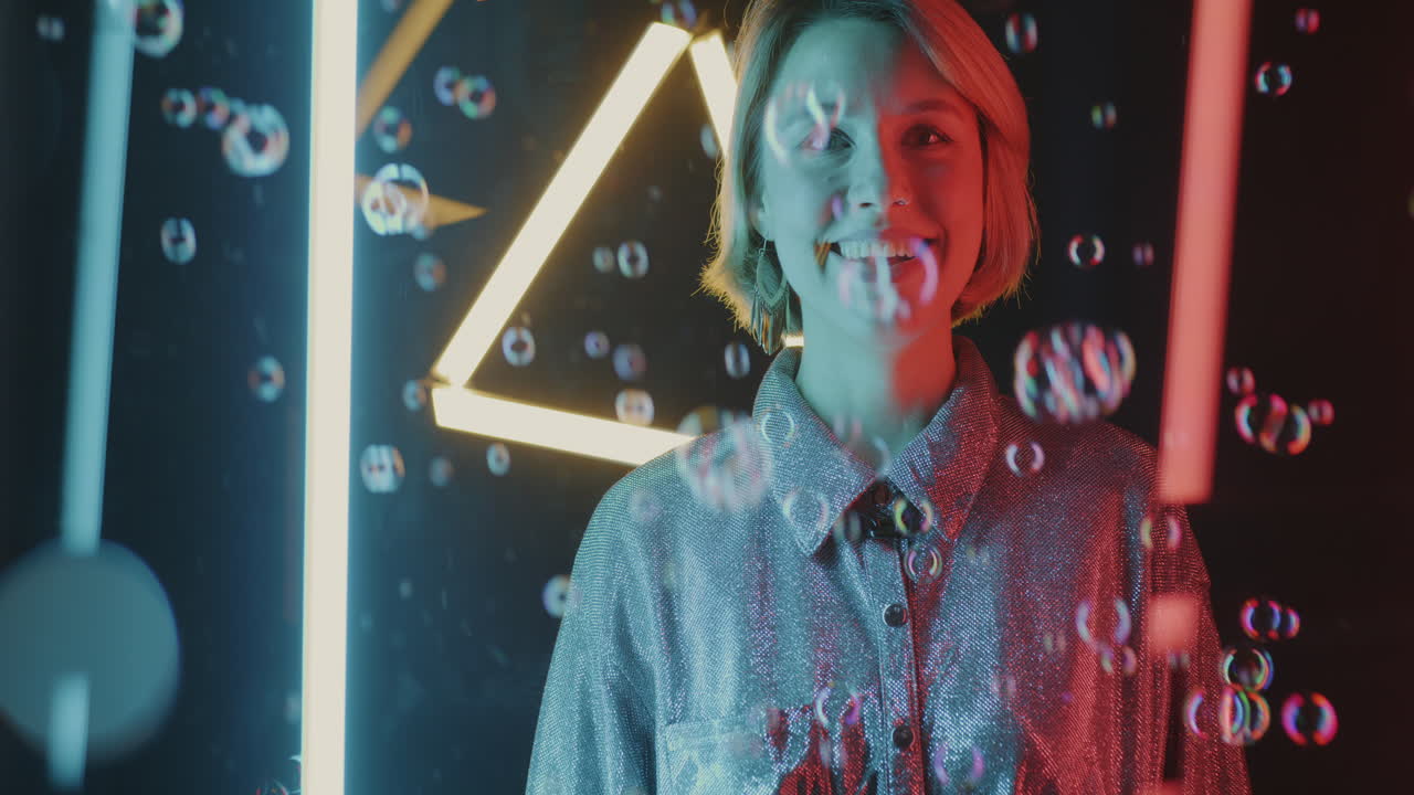 Joyful Woman in Neon Lights