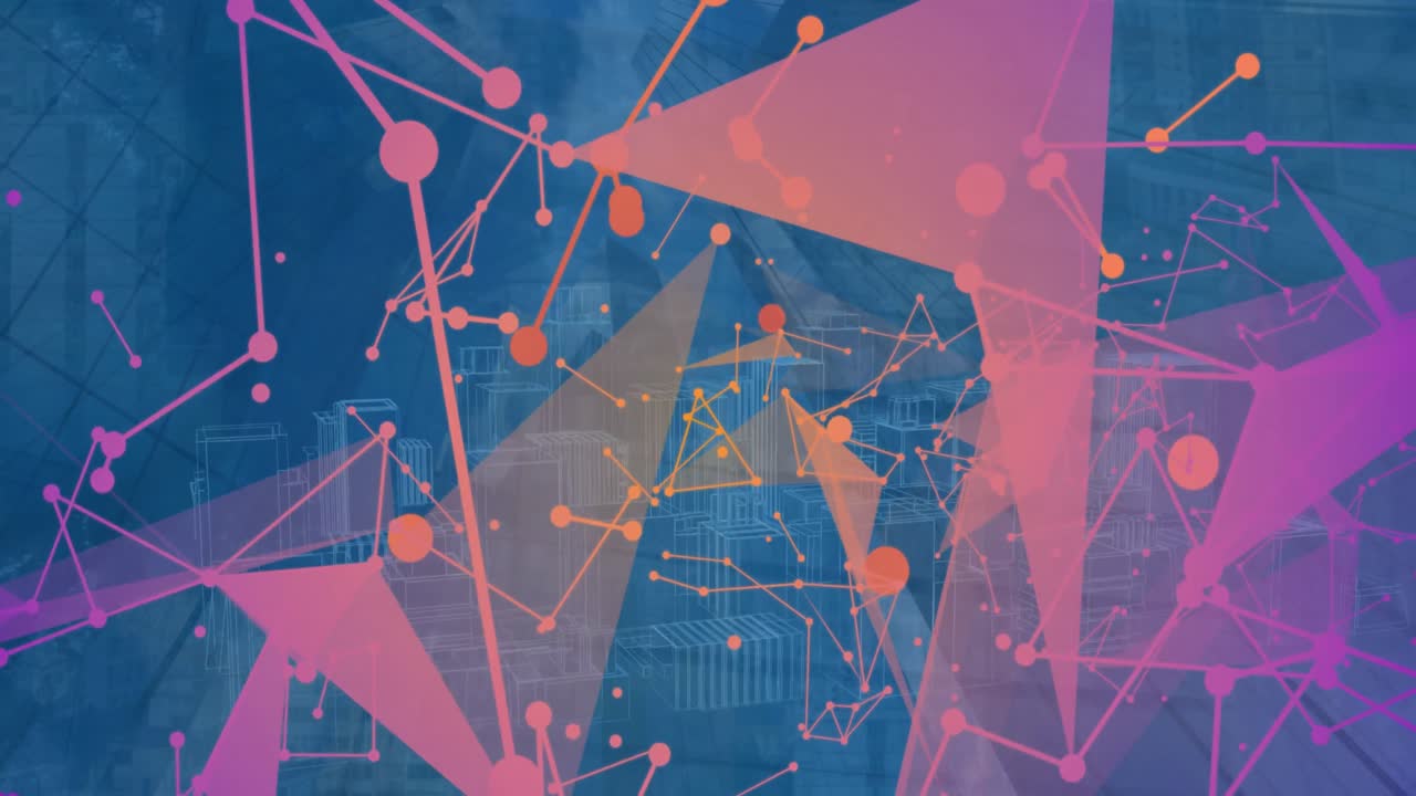 건물의 낮은 각도 뷰를 통해 연결된 점의 애니메이션과 파란색 배경에 있는 도시의 3d 모델