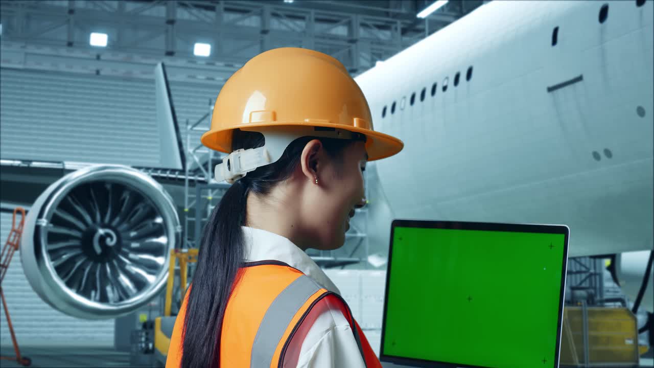 안전 헬을 착용한 아시아 여성 엔지니어가 거에 있는 항공기와 함께 서서 녹색 스크린 노트북을 보고 항공기 유지보수를 하는 동안 주변을 둘러보고 있습니다.