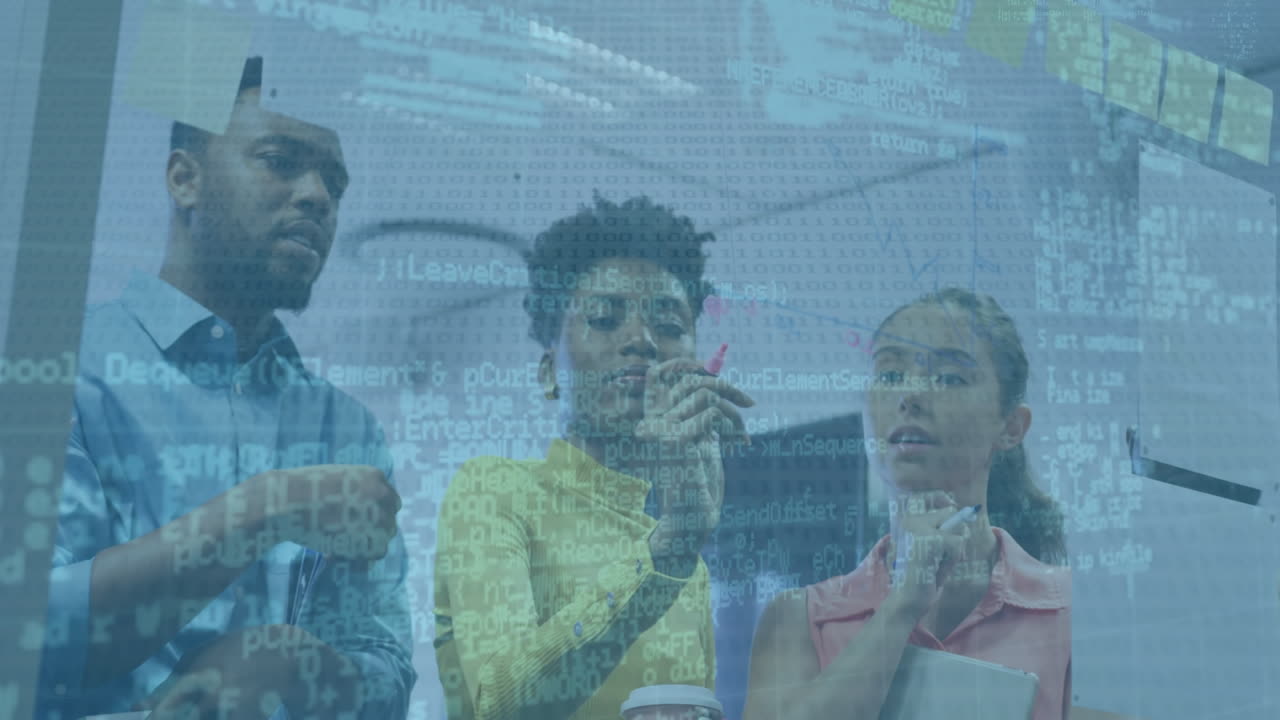 Animation of digital data processing over group of diverse business people