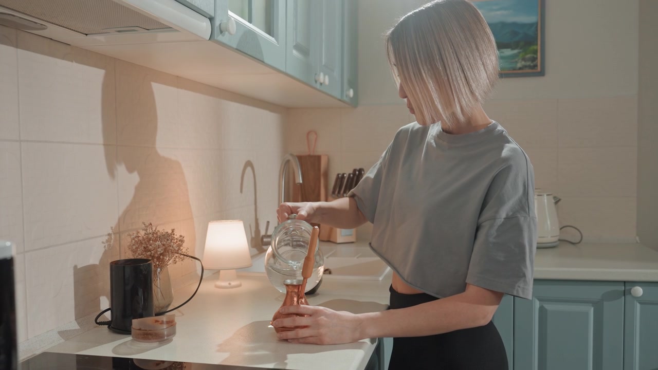 Donna bianca in cucina che prepara il caffè con una luce soffusa della lampada, una caffettiera di rame sul piano di lavoro, movimento lento di versamento, ombra calda sulle piastrelle, mobili moderni e minimalisti, routine serale tranquilla con un ritmo delicato