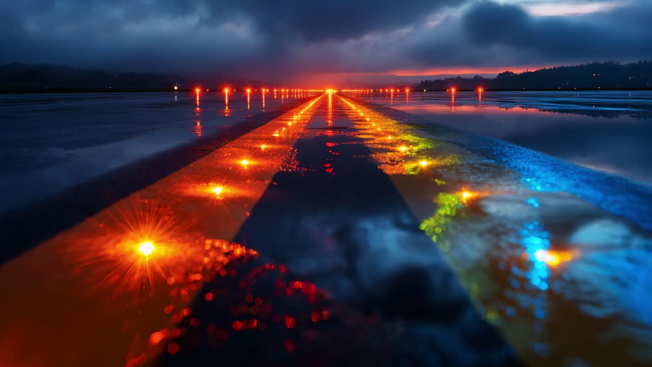 Illuminated Runway at Dusk: An Artistic Perspective of Light Reflections and Atmospheric Conditions Capturing the Essence of a Rainy Evening on an Airport Runway