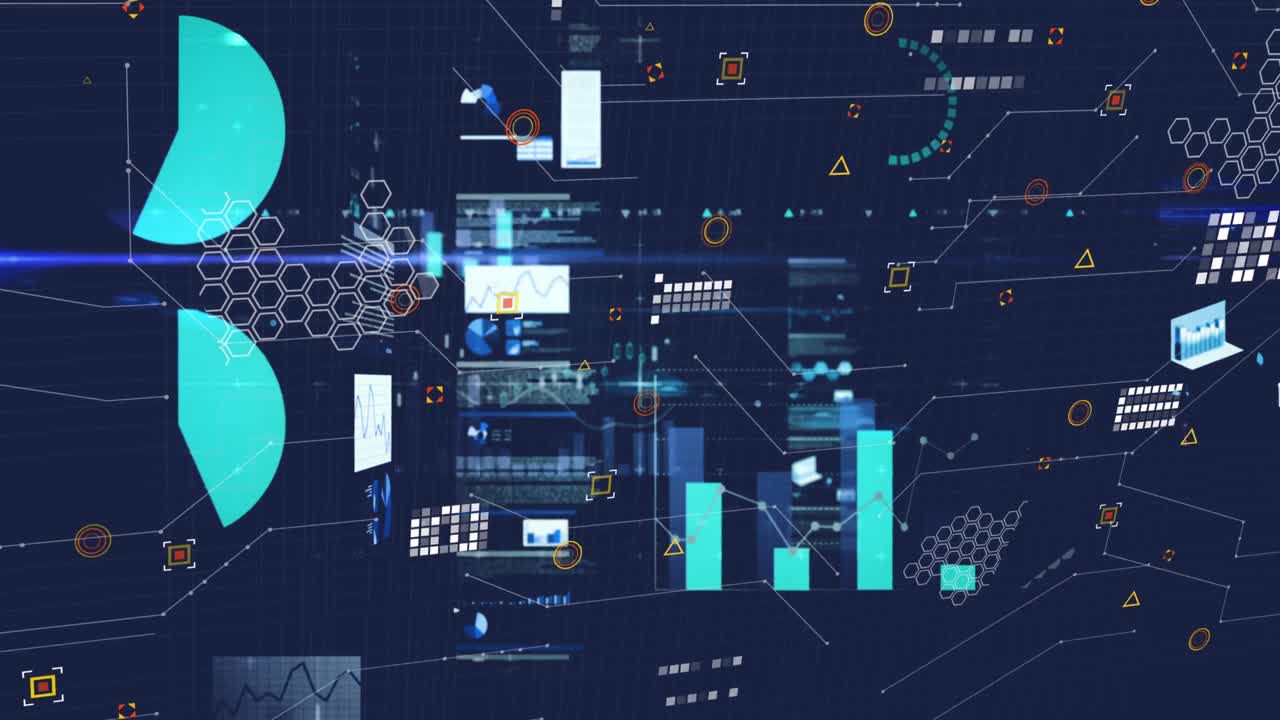 Animation of statistical data processing and light spot against blue background