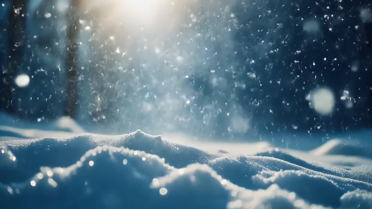 木漏れ日差す冬の森に舞い散るきらめく雪