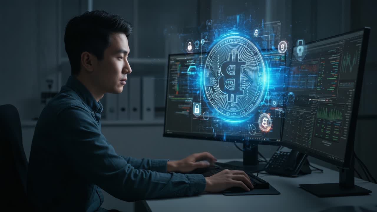 A focused professional engaged in cryptocurrency analysis, showcasing advanced blockchain technology and digital trading on dual monitors with a central bitcoin symbol