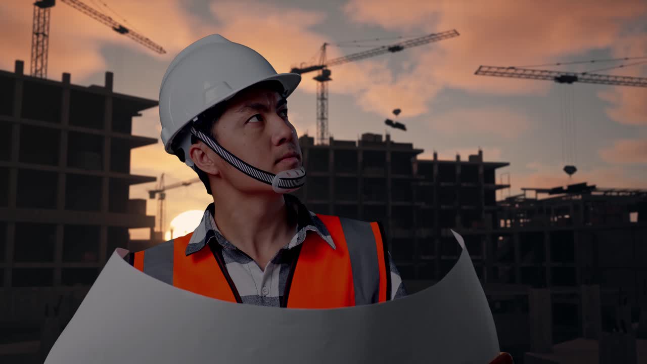 Close Up Of Asian Male Engineer With Safety Helmet Looking At Blueprint In His Hands And Looking Around While Standing At Building & Construction Site in Progress to New House