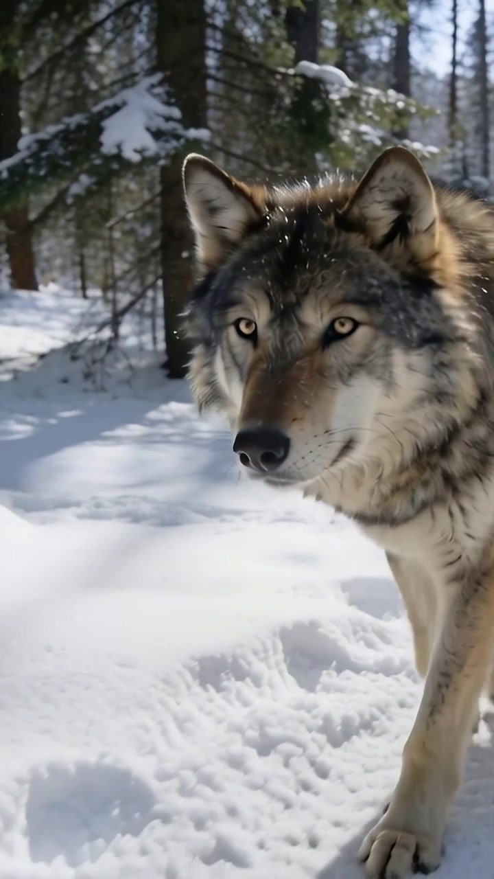 Vertical video: Coming to check camera adult gray wolf lifting paw, moving through snowy pine trees