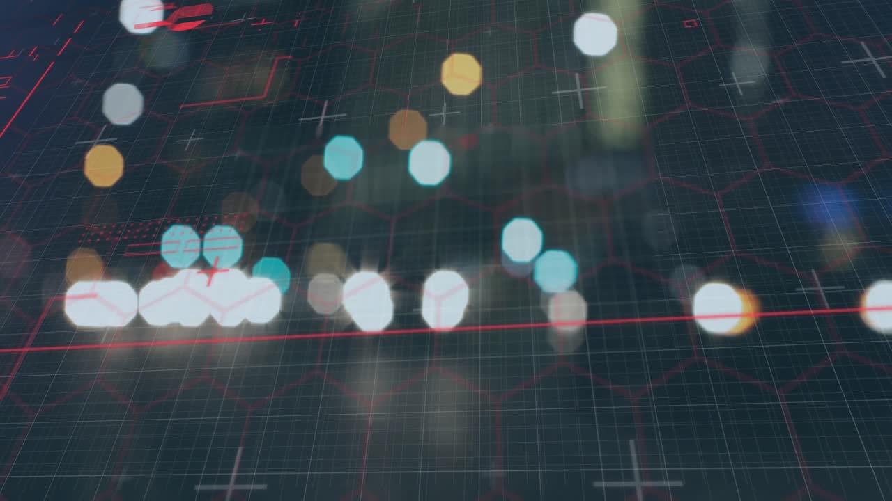 도로 교통을 배경으로 하는 육각형의 네트워크에 빨간색으로 빛나는 선의 애니메이션