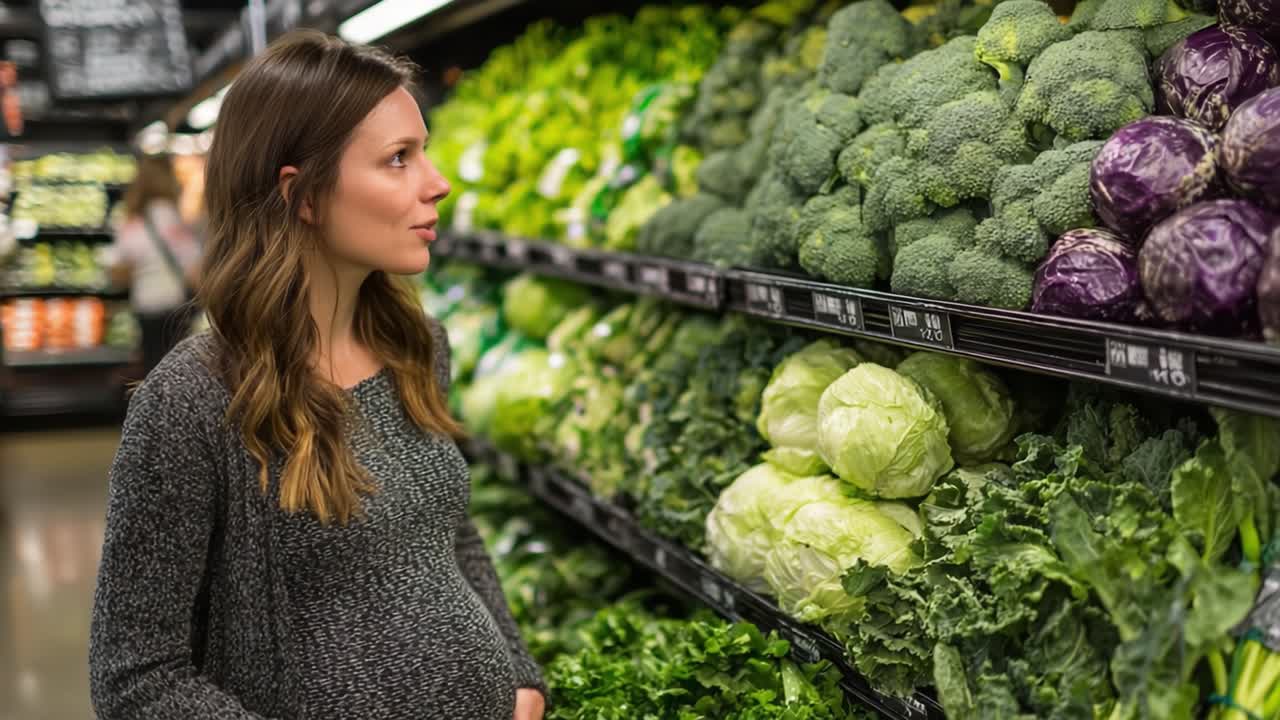 Donna incinta che fa la spesa al supermercato, selezionando verdure fresche e salutari come broccoli e cavoli, con enfasi su nutrizione e benessere per le future mamme