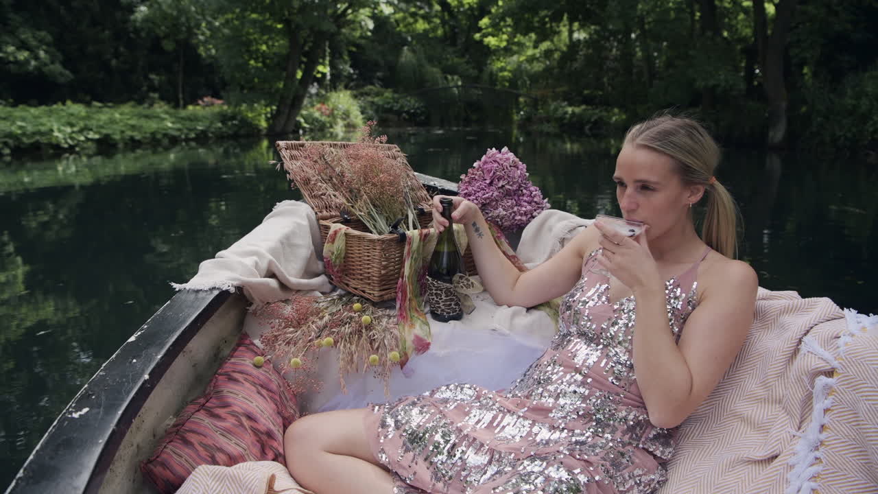Woman in glitter dress on rowboat pouring champagne and taking a sip, happy face