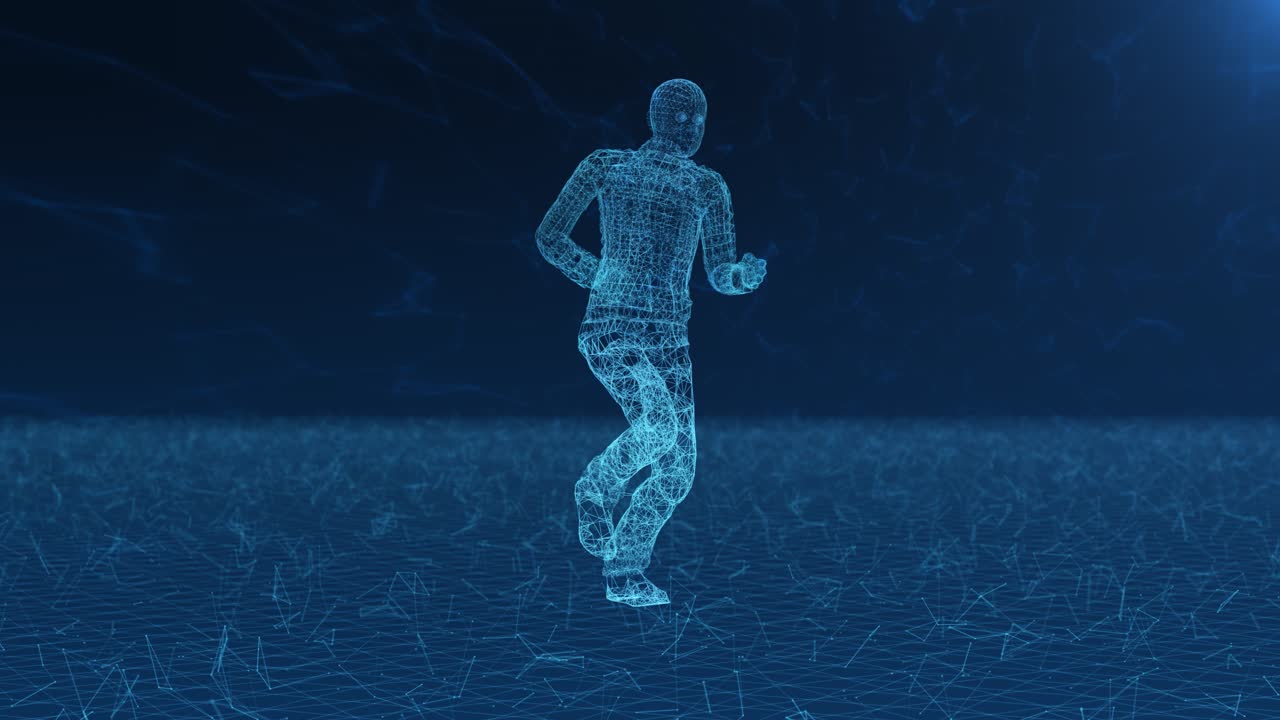 Digital Wireframe Person Running in Abstract Cyberspace
