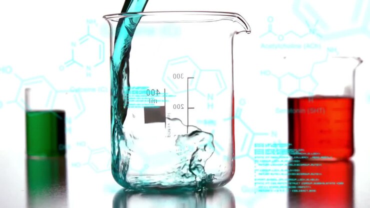 Laboratory beakers with data and structural formula of chemical compounds in the foreground