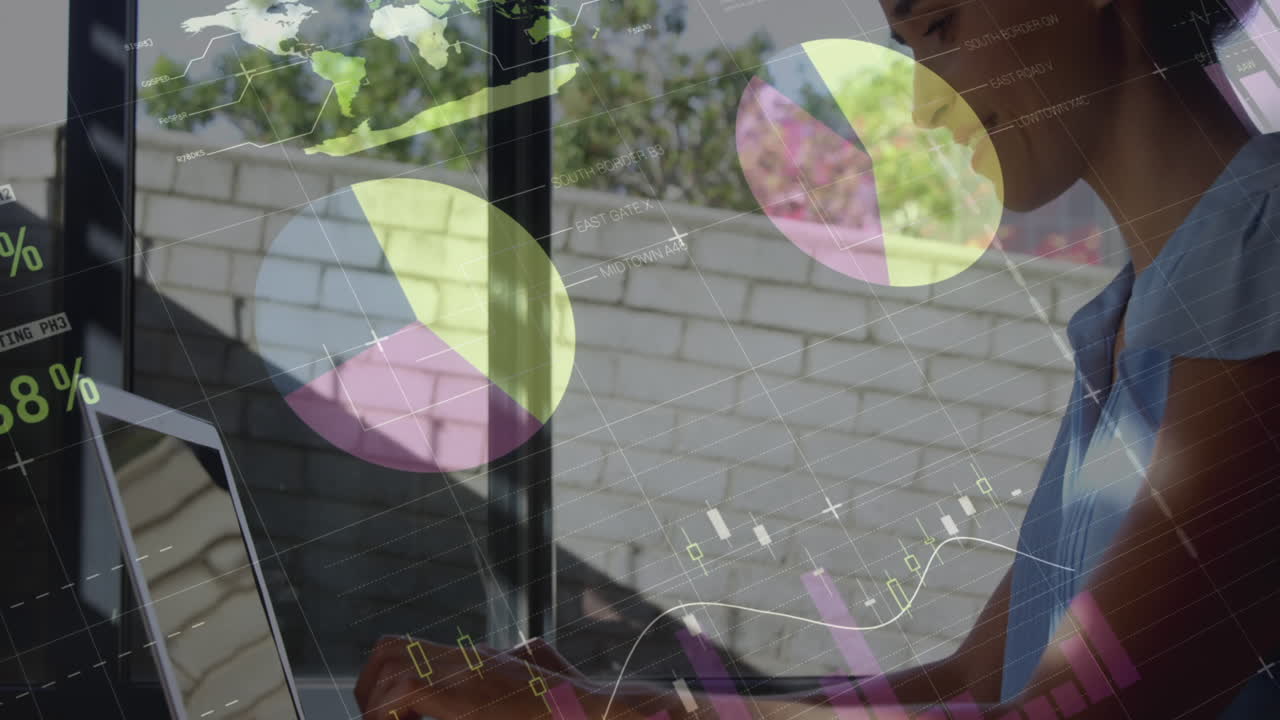 animación de estadísticas y procesamiento de datos sobre mujeres que usan computadoras portátiles