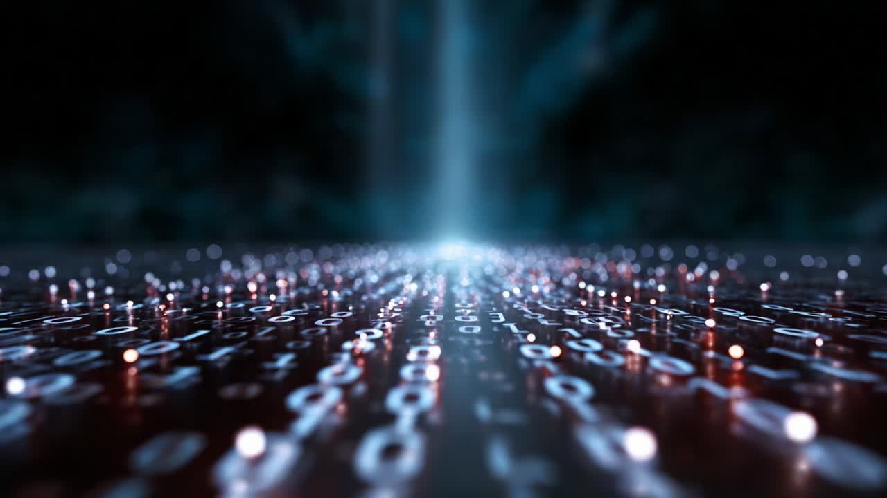A captivating visual representation of a digital landscape, showcasing a mesmerizing flow of glowing binary data streams across a dark, atmospheric background, illuminating the path forward in the realm of technology and information