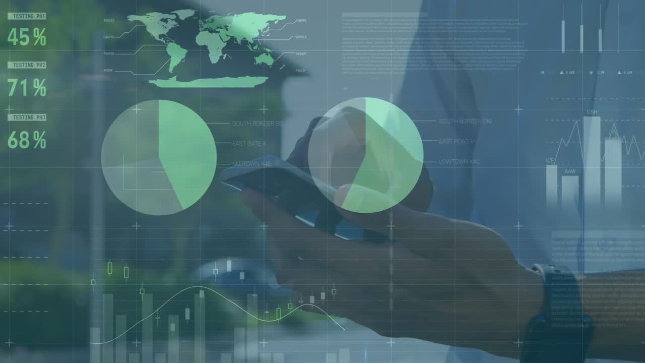 animación del procesamiento de datos estadísticos sobre la sección media de un hombre que usa un teléfono inteligente al aire libre