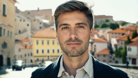 a handsome young man smiles at the camera in a portrait taken in a city street.